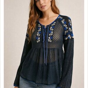 Free People Black sheer Swiss dot blue embroidery top size S